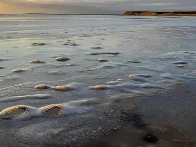 a body of water with snow on the beach at 4 star holiday home in Spøttrup in Lihme