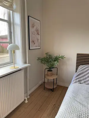 a bedroom with a bed and a potted plant next to a window at Stor lys lejlighed på 100 kvm, central beliggenhed in Holstebro