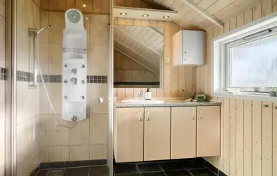 a bathroom with a shower and a sink at Gorgeous Home In Vinderup With Sauna in Vinderup