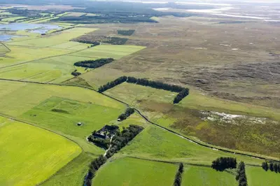 an aerial view of green fields and trees at Surfreservatet i Nationalpark Thy in Hanstholm
