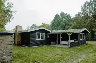 a small black house in a yard at Cozy Holiday Home With Forest And Fjord Views in Roslev