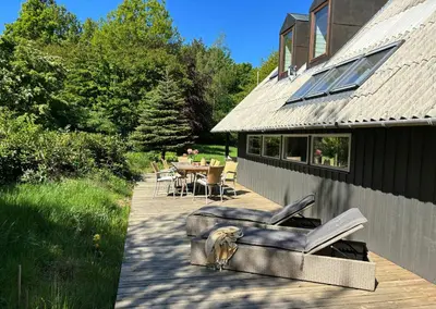 a dog is sitting on a patio next to a house at Hidden Gem By Thy National Park