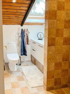 a bathroom with a toilet and a window at Simple Cottage Close To Limfjorden in Åbybro