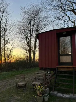 a red shed with two benches and a picnic table at Cozy Wagon House With Views Over The Limfjord in Roslev