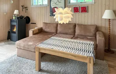 a brown couch in a living room with a fireplace at 2 Bedroom Cozy Home In Farsø in Farsø