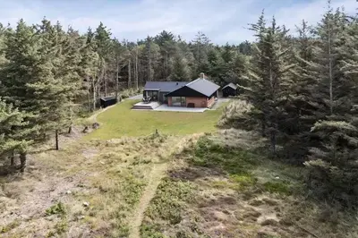 an aerial view of a house in the woods at Holiday Home In 1St Row By The Limfjord in Thyholm