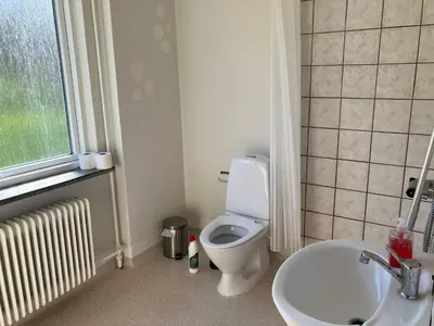 a bathroom with a white toilet and a sink at Compact standard single room in Lemvig in Lemvig