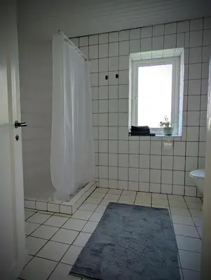 a bathroom with a shower and a window and a rug at Guldmark in Lemvig