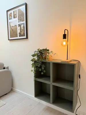 a green cabinet with a lamp and a plant at Cozy Pearl in Viborg Centre in Viborg