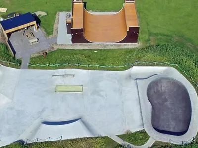 an aerial view of a skate park with a skateboard ramp at 4 star holiday home in Thyborøn in Thyborøn