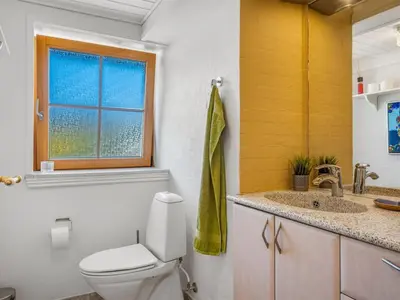 a bathroom with a toilet and a sink and a window at Holiday Home Elia - 5km to the fjord by Interhome in Spottrup