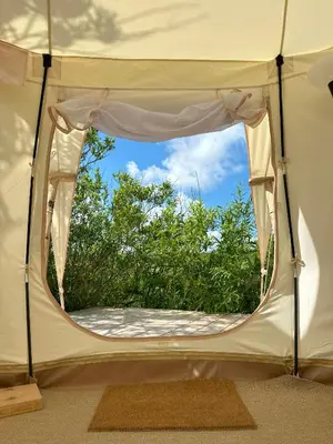 a tent with a window in the middle at Agger Glamping - Lyngheden in Vestervig