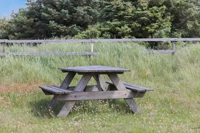 a wooden picnic table in a field next to a fence at 421-Thisted-Fiskervej-147 in Nørre Vorupør