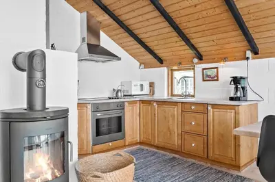 a kitchen with a stove and a fireplace at 314-Thisted-Mose-Bollevej-14 in Thisted