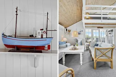 two pictures of a living room with a boat on the wall at 571-Thisted-Tunvej-21 in Thisted