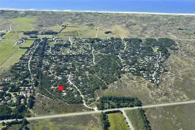 an aerial view of a village with trees and the ocean at 788-Thisted-Blamunkevej-46 in Thisted