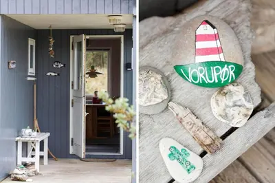 two pictures of a house with a surfboard and a door at 849-Thisted-Havtornvej-6 in Thisted
