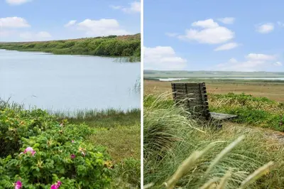 two pictures of a bench next to a body of water at 269-Vestervig-Blishonevej-19 in Vestervig
