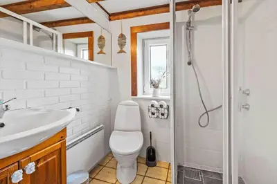a bathroom with a shower and a toilet and a sink at 641-Snedsted-Istrupvej-21-C in Snedsted