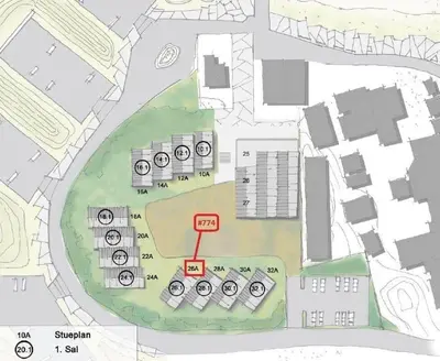 a drawing of a site plan with buildings at 774-Thisted-Havstokken-26-A in Thisted