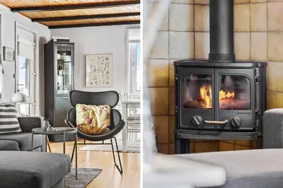 two pictures of a living room with a fireplace at 271-Thisted-Nordsovej-88 in Thisted
