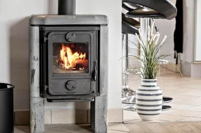 a fireplace in a room with a plant in a vase at 854-Thisted-Molgaardsvej-3 in Thisted