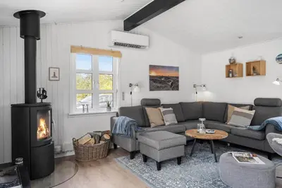 a living room with a couch and a fireplace at 1350-Thisted-Blabaervej-22 in Thisted
