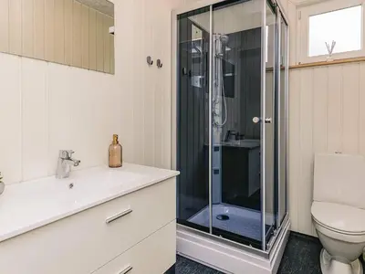 a bathroom with a shower and a sink and a toilet at 5 person holiday park home in Pandrup in Pandrup