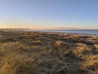 a field of grass with the ocean in the background at 6 person holiday home in Brovst in Brovst