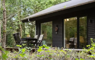 a screened in porch of a black house with a table and chairs at Amazing Home In Aars With Wifi in Års