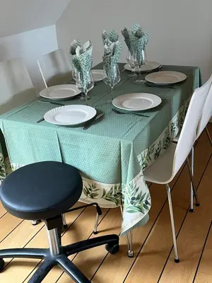 a table with a green table cloth and white plates and chairs at Stor lejlighed i landlige omgivelser in Bækmarksbro