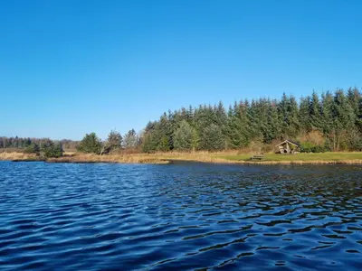 a view of a lake with a house in the background at 4 person holiday home in Bøvlingbjerg in Bøvlingbjerg