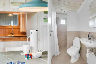 two pictures of a bathroom with a toilet and a sink at LK2071-Lokken-Marensvej-3 in Løkken