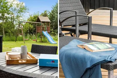 two pictures of a table with a book and a playground at LK310-Lokken-Magdalenevej-39 in Løkken