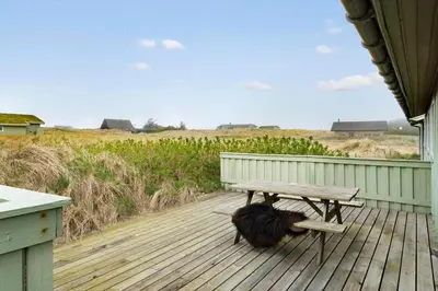 a dog sitting on a deck next to a bench at LK784-Lokken-Sinnesvej-7 in Løkken