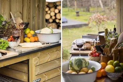 two pictures of fruits and vegetables on a table at BL339-Pandrup-Skorr-Karensvej-5 in Pandrup