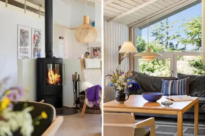 two images of a living room with a fireplace at BL102-Saltum-Kvansletten-13 in Saltum