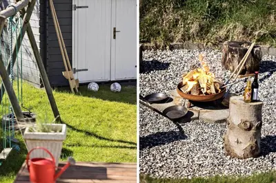 two pictures of a backyard with a fire pit at BL124-Blokhus-Klitvejen-75-a in Blokhus