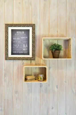 a wall with two shelves with a plant and a picture at BL368-Blokhus-Bag-Hojen-19 in Blokhus