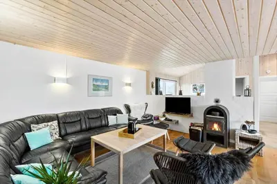 a living room with a leather couch and a fireplace at BL1333-Pandrup-Hunetorp-Klitvej-109 in Pandrup