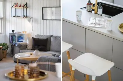 two pictures of a living room with a couch and a table at BL1598-Blokhus-Raevestien-2 in Blokhus