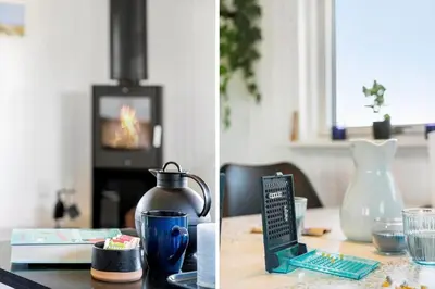 two pictures of a table with a tea pot and a table with a table at LK2141-Lokken-Kristavej-15 in Løkken