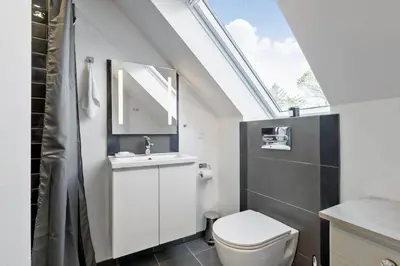 a bathroom with a white toilet and a skylight at BL1454-Pandrup-Rodhusvej-215 in Pandrup