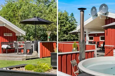 two pictures of a backyard with a hot tub and an umbrella at BL1092-Saltum-Doggerbanke-2 in Saltum