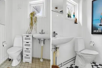 two pictures of a bathroom with a toilet and a sink at LK2173-Lokken-Ruthsvej-9 in Løkken