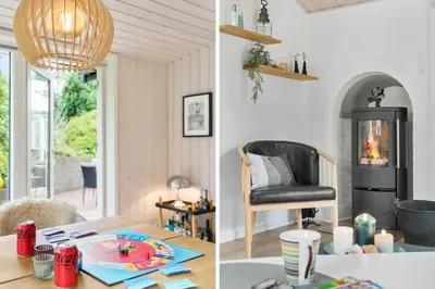 two pictures of a living room with a table and a chair at BL1396-Blokhus-Laerkevej-8 in Blokhus