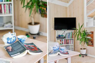 two pictures of a living room with a table and a tv at BL959-Saltum-Nordvestvej-6 in Saltum