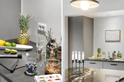 a kitchen with a counter top with fruit and candles at BL1479-Saltum-Solmarken-1 in Saltum