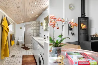 two pictures of a kitchen and a bathroom with a fireplace at BL1318-Blokhus-Vesterhavsbakken-28 in Blokhus