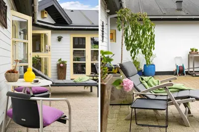 two pictures of a patio with a table and chairs at BL1318-Blokhus-Vesterhavsbakken-28 in Blokhus